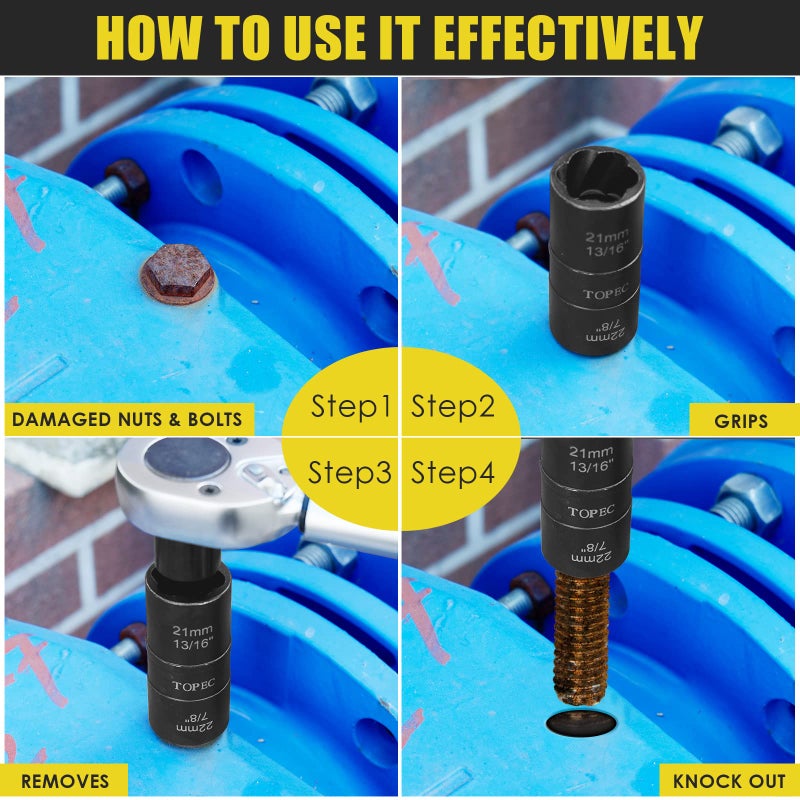 Topec Flip Edition Lug Nut Remover  5 Piece Wheel Lock Removal Kit for Removing Stripped  Damaged  Frozen  Rusted  Rounded-Off Bolts  Nuts & Screws and Other Fasteners  Double Size Extractor Socket - Image 5